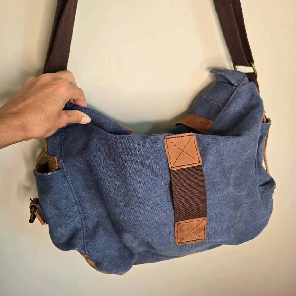 Sechunk Blue Canvas Messenger Bag VTG Leather Trim Military Satchel Crossbody